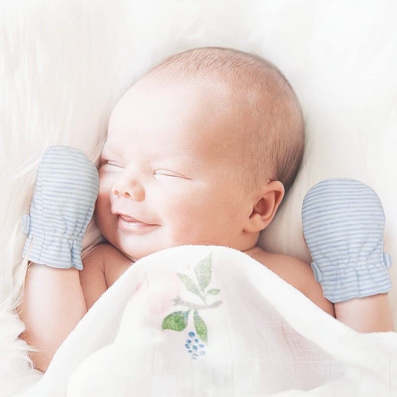 Reyow Newborn Baby No Scratch Mittens Stay On, 100% Cotton Breathable, Adjustable Infant Gloves for Baby Boys Girls Mittens (Blue Stripe, 0-3 Months) - Image 3